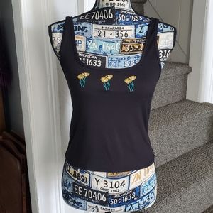 CAUTION TO THE WIND ~ BLACK RIBBED TANK TOP WITH FLOWERS!